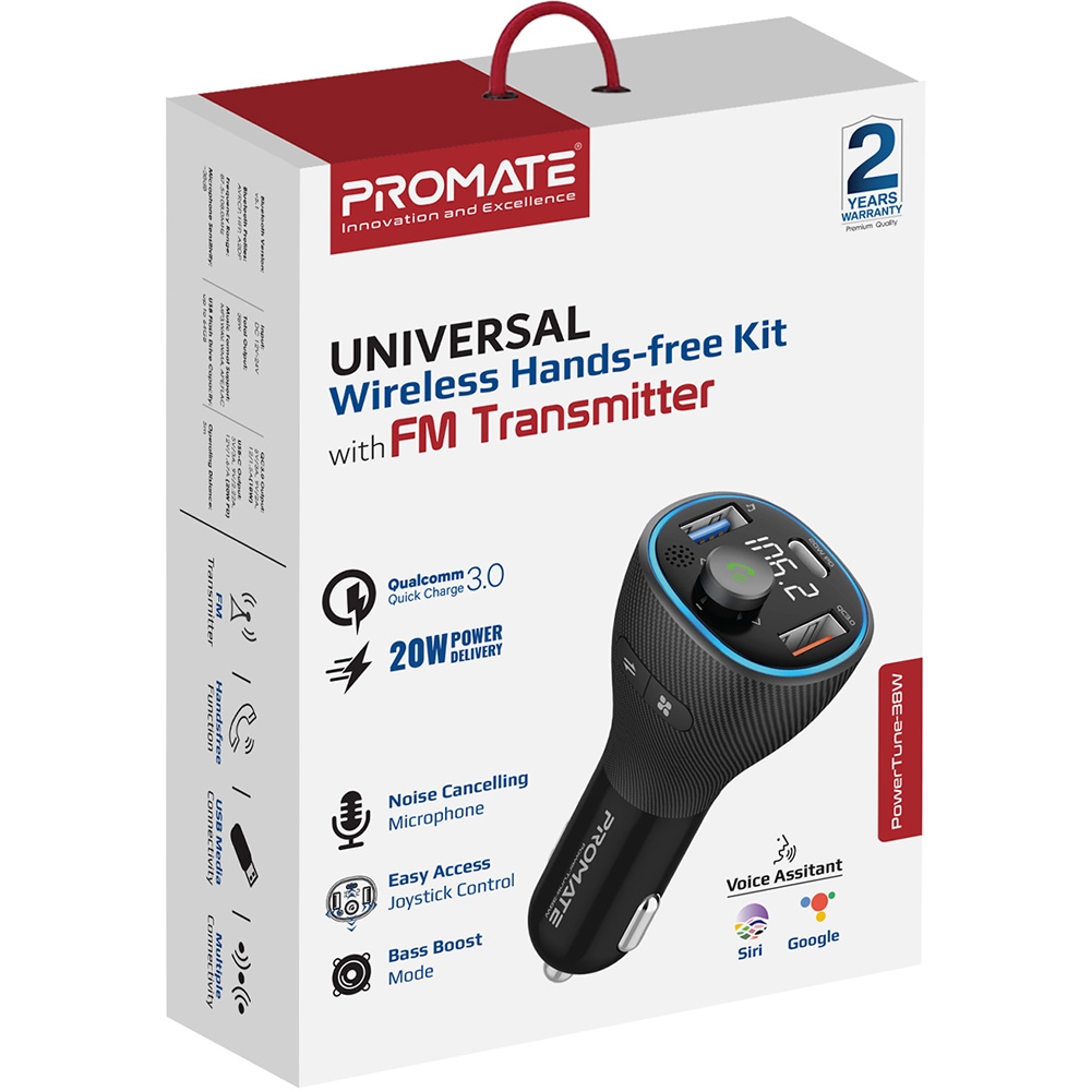 Modulator FM PROMATE PowerTune-38W, Bluetooth, USB, negru