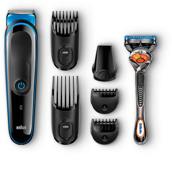 Aparat de tuns multifunctional 7 in 1 BRAUN MGK3045, acumulator, 60 min autonomie, complet lavabil, negru-bleu