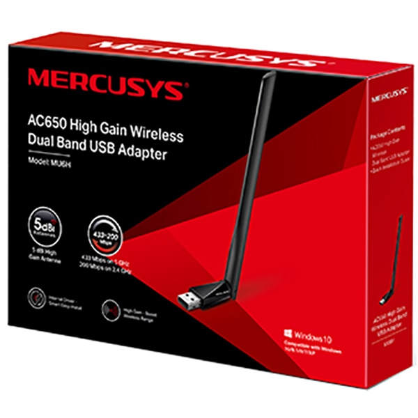 Adaptor USB Wireless MERCUSYS MU6H High-Gain AC650, Dual Band 200 + 433 Mbps, negru