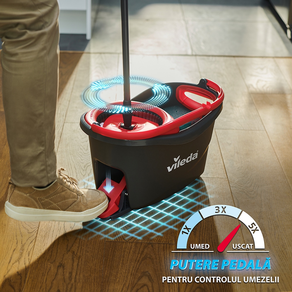 Set galeata cu storcator + mop + maner VILEDA Easy Wring & Clean Turbo, rosu-negru