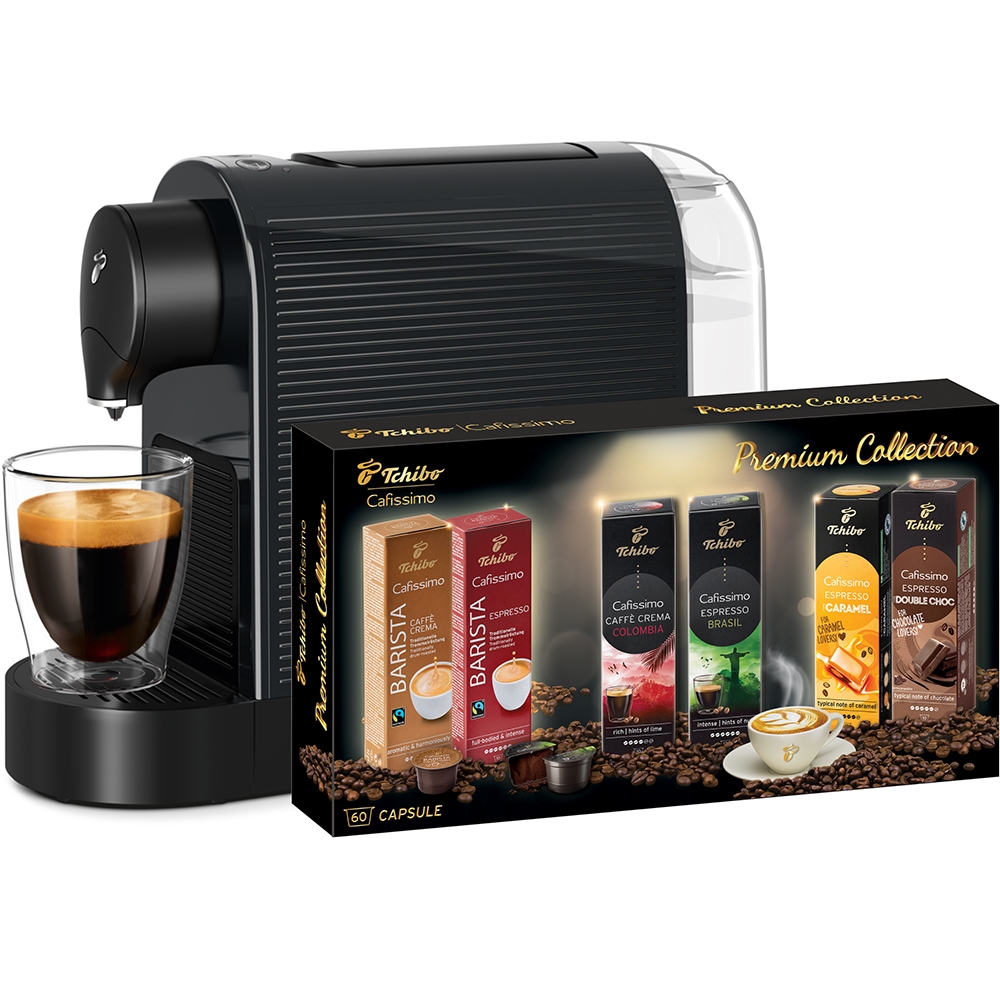 Pachet: Espressor capsule TCHIBO Cafissimo Pure + 60 capsule PUREPLPK60, 1l, 1250W, 15 bar, negru