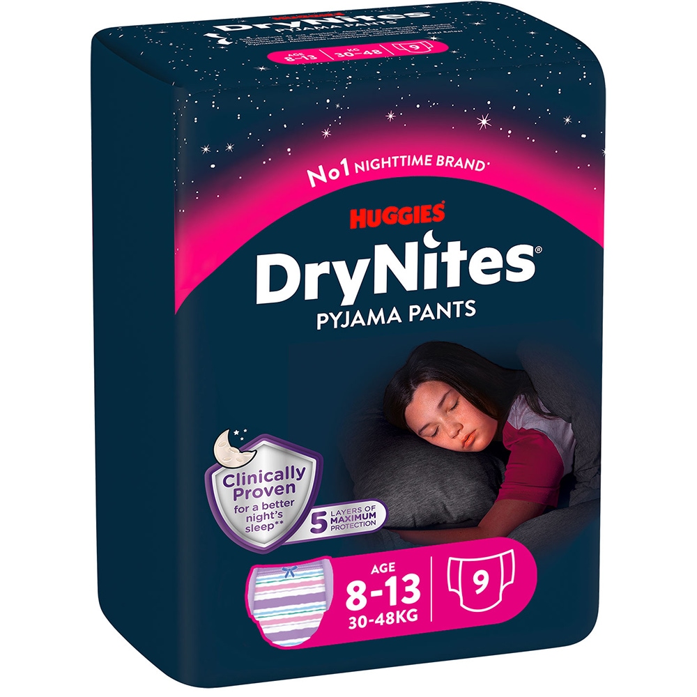 Scutece chilotel HUGGIES DryNites, Fata, 8-15 ani, 27-57 kg, 9 buc