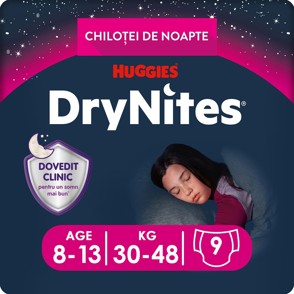 Scutece chilotel HUGGIES DryNites, Fata, 8-15 ani, 27-57 kg, 9 buc