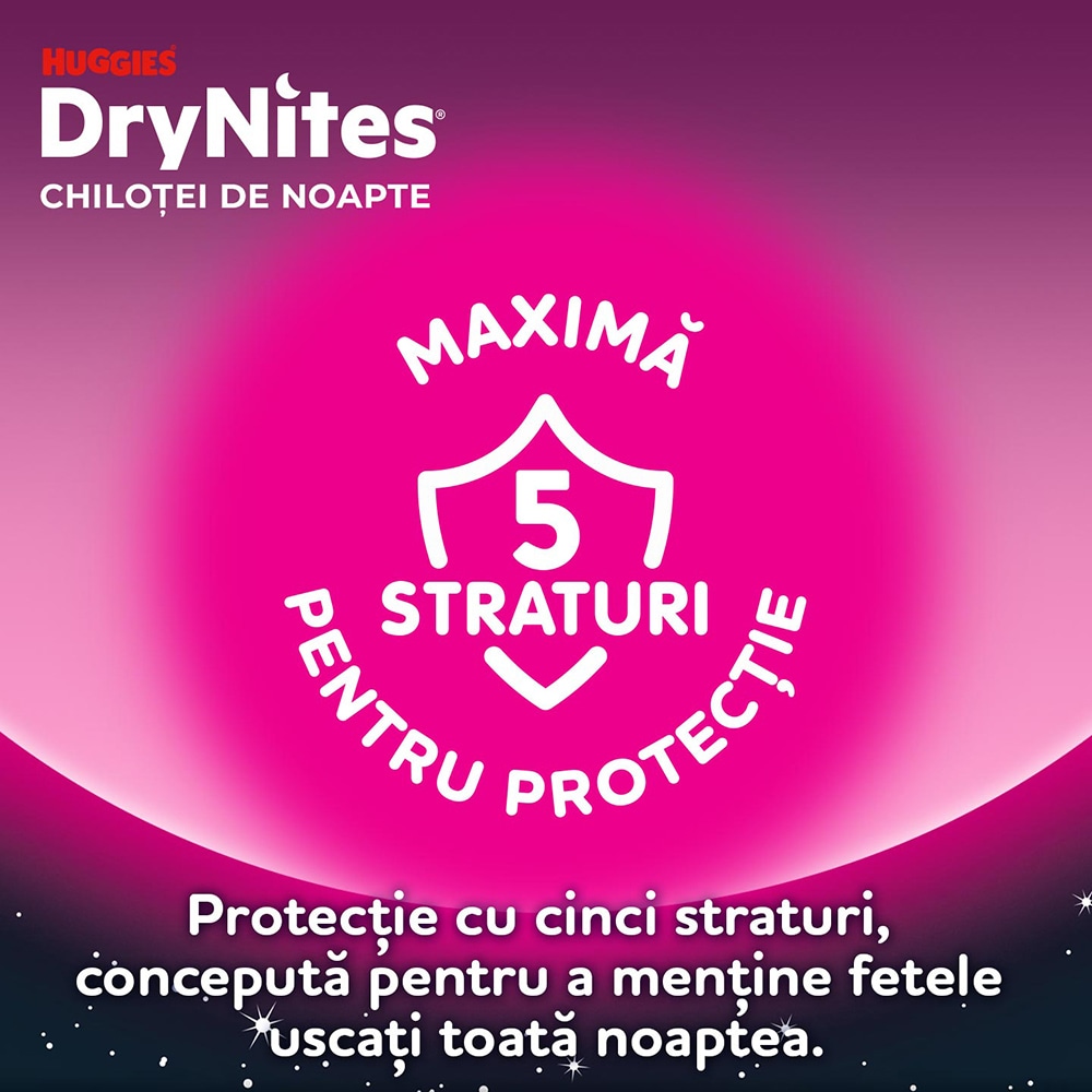 Scutece chilotel HUGGIES DryNites, Fata, 8-15 ani, 27-57 kg, 9 buc
