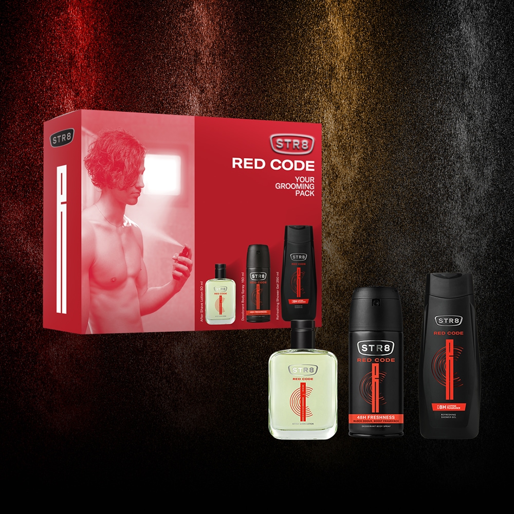 Set ingrijire corp STR8 Red Code: Lotiune after shave 50ml + Deodorant spray, 150ml + Gel de dus, 250ml
