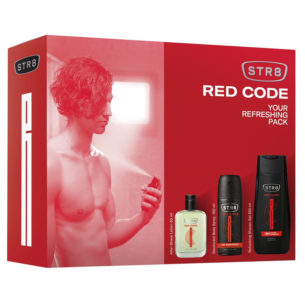 Set ingrijire corp STR8 Red Code: Lotiune after shave 50ml + Deodorant spray, 150ml + Gel de dus, 250ml
