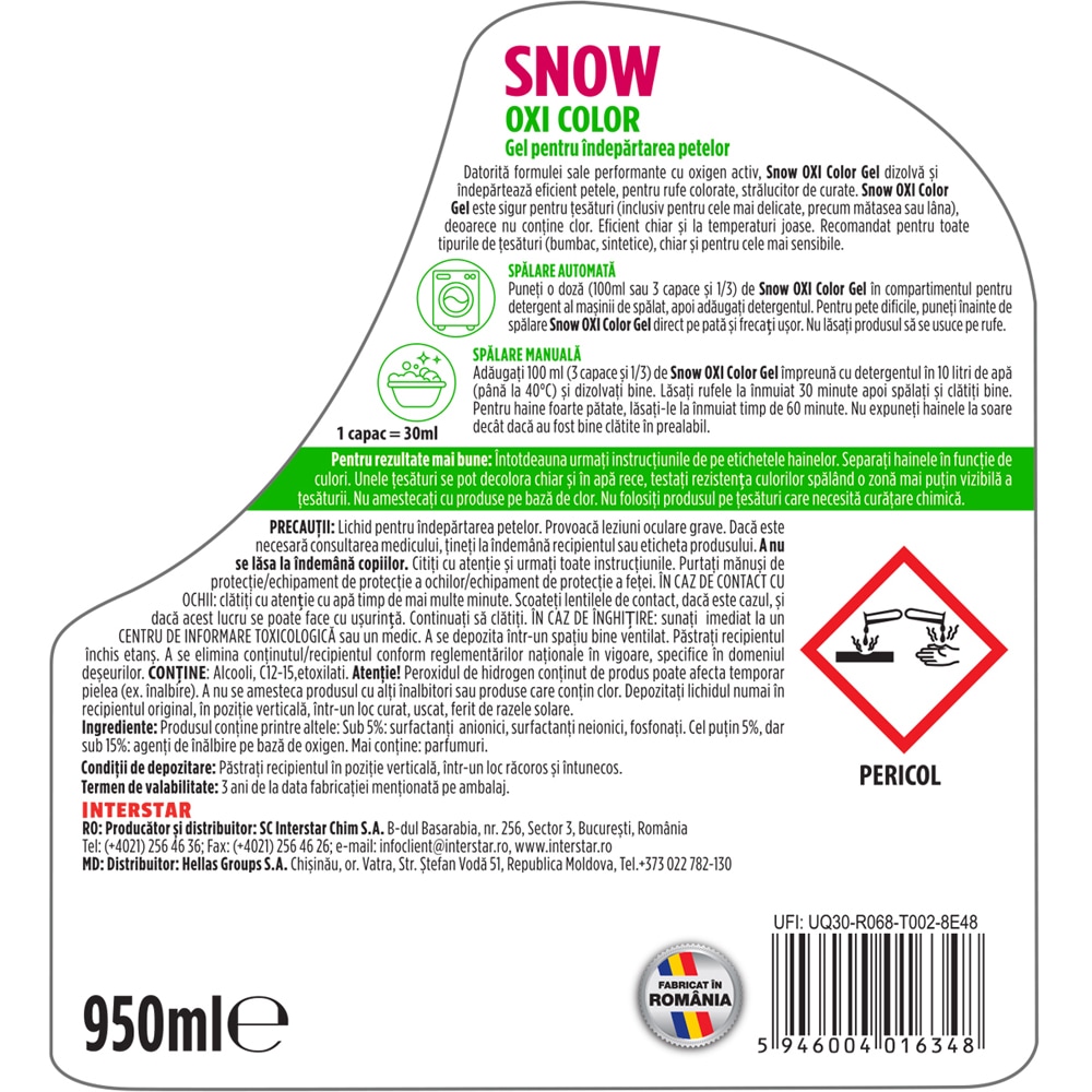 Solutie pentru indepartarea petelor SNOW Oxi Color Gel, 950 ml