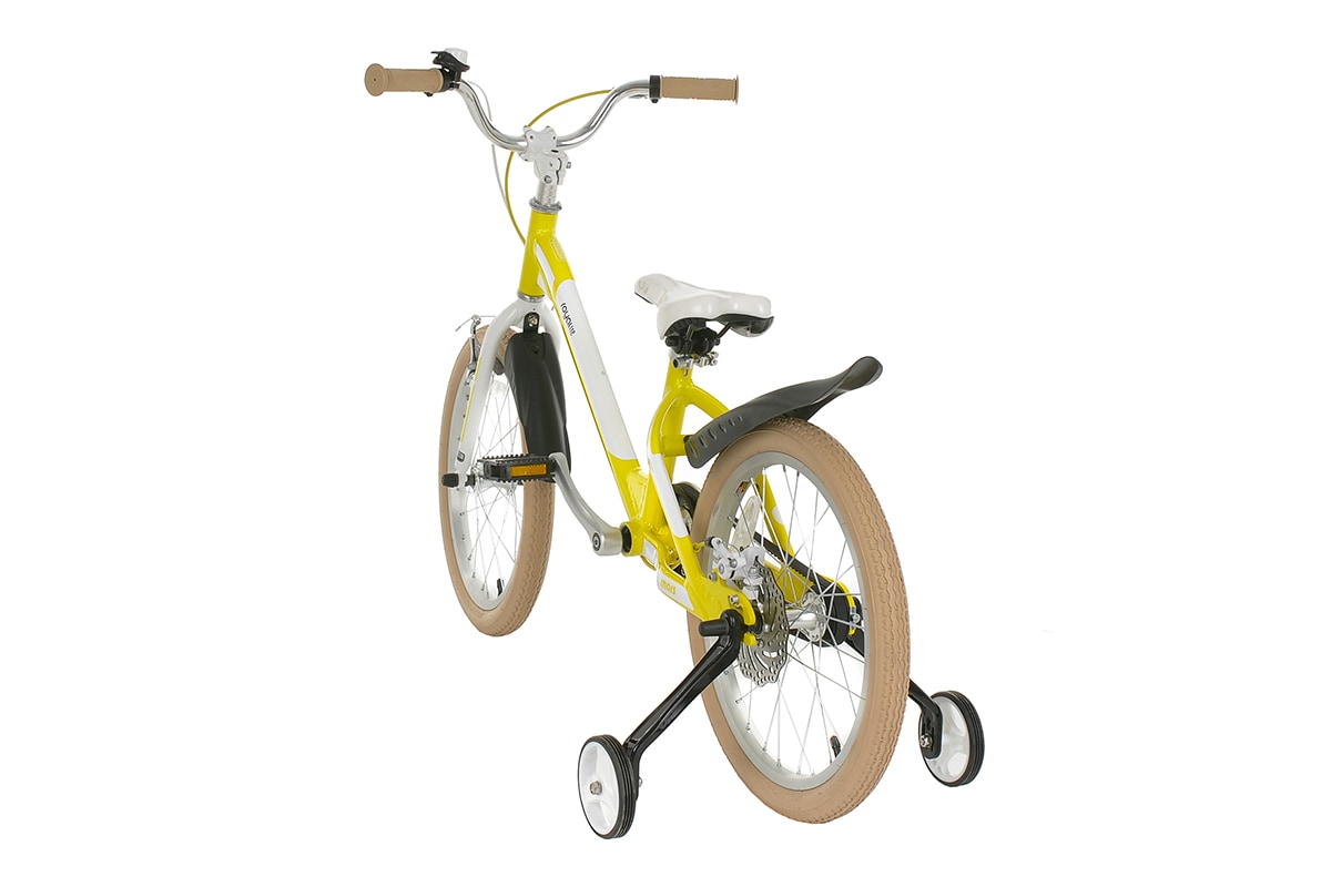 Bicicleta pentru copii 5-7 ani, Roti 18 Inch, Cadru aluminiu, Roti Ajutatoare, Mars M1801C, Galben cu Design Alb