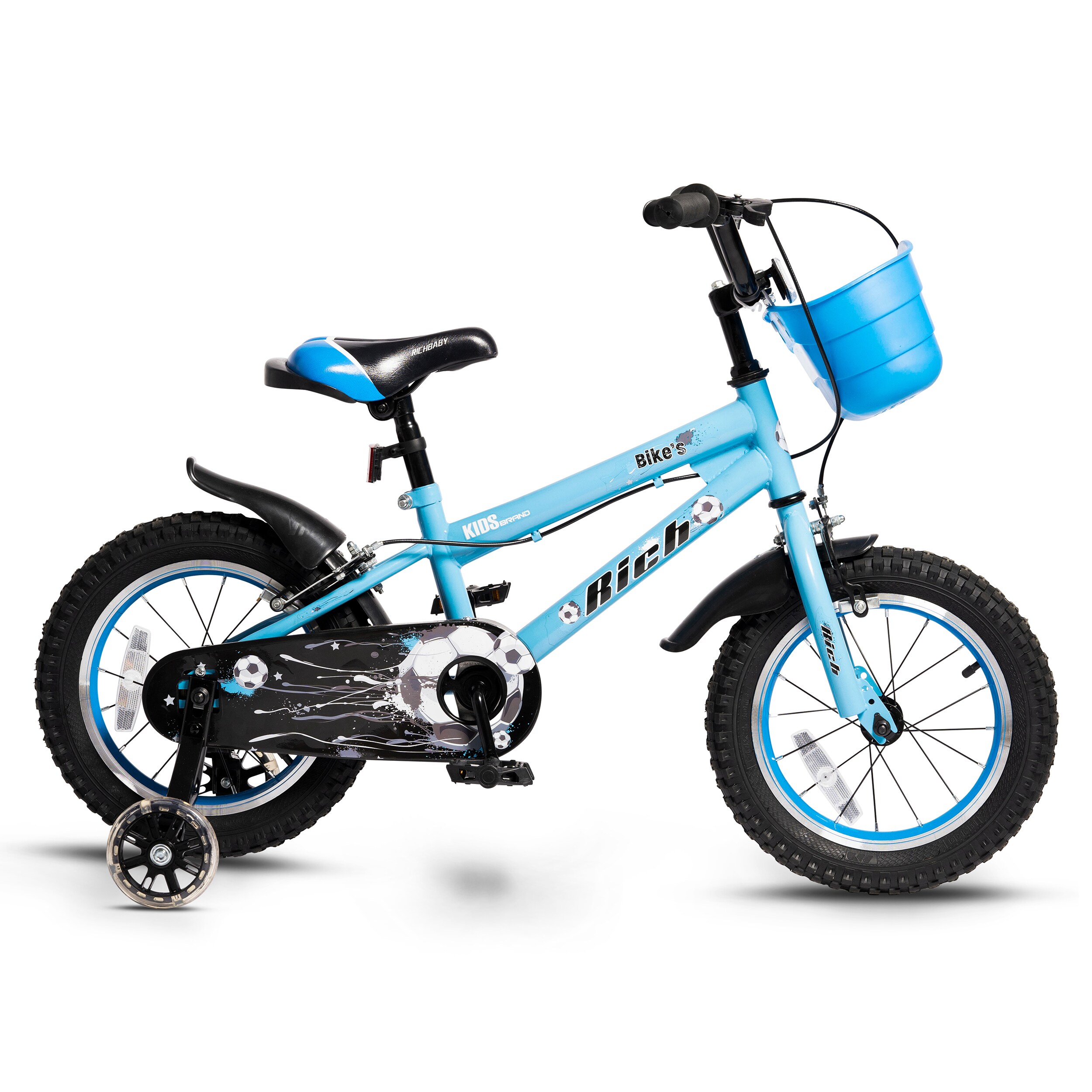 . Shaded Sensitive Bicicleta Copii 3-5 ani Rich Baby R1407A, Roti 14 Inch, C-Brake, Roti  Ajutatoare cu LED, Cadru Albastru cu Design Alb