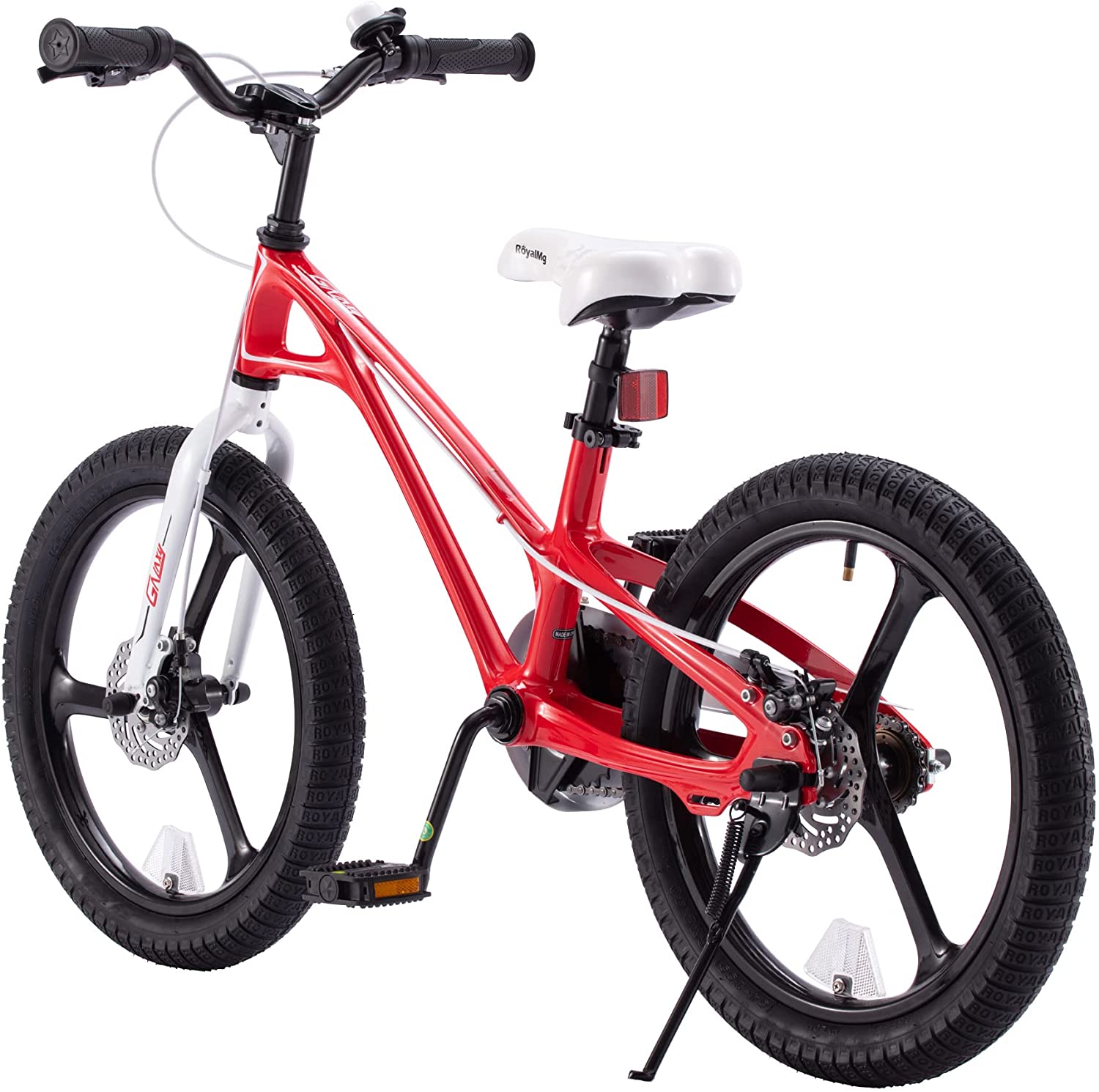 Bicicleta pentru copii 5-7 ani, Roti 18 Inch, Cadru Magneziu, Frane Disc, Roti Ajutatoare, Galaxy G1801C, Rosu cu Design Alb