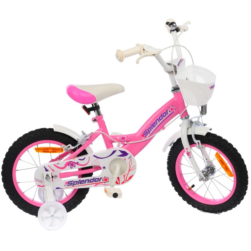 Bicicleta pentru copii NOVOKIDS Splend'Or Boom Edition, Cu cosulet, Roti 20" inch, Maxim 50 kg, Cadru din otel, Roti ajutatoare detasabile, Ghidon reglabil pe inaltime, Roz