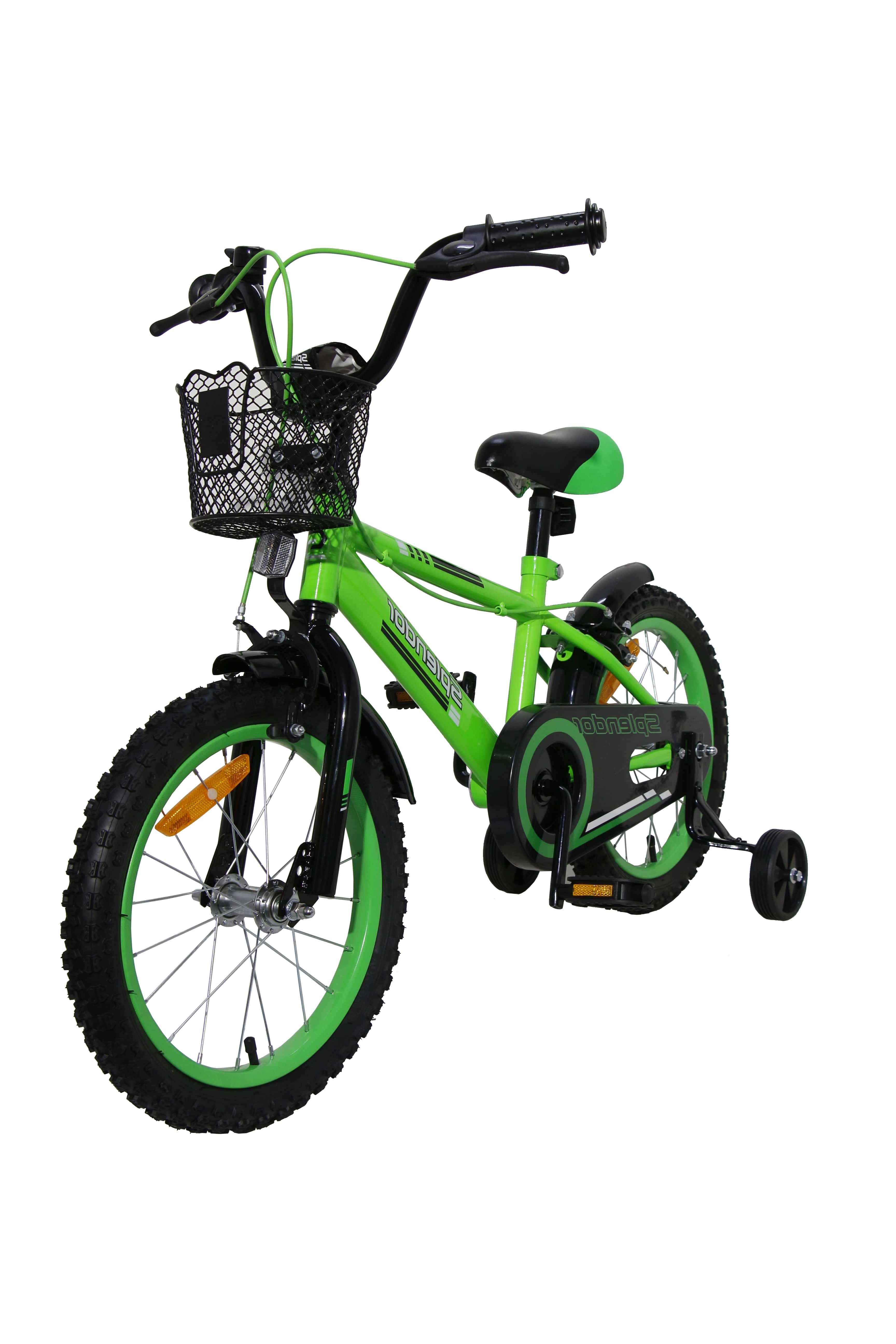 Bicicleta pentru copii NOVOKIDS Splend'Or Boom Edition, Cu cosulet, Roti 18" inch, Maxim 45 kg, Cadru din otel, Roti ajutatoare detasabile, Ghidon reglabil pe inaltime, Verde