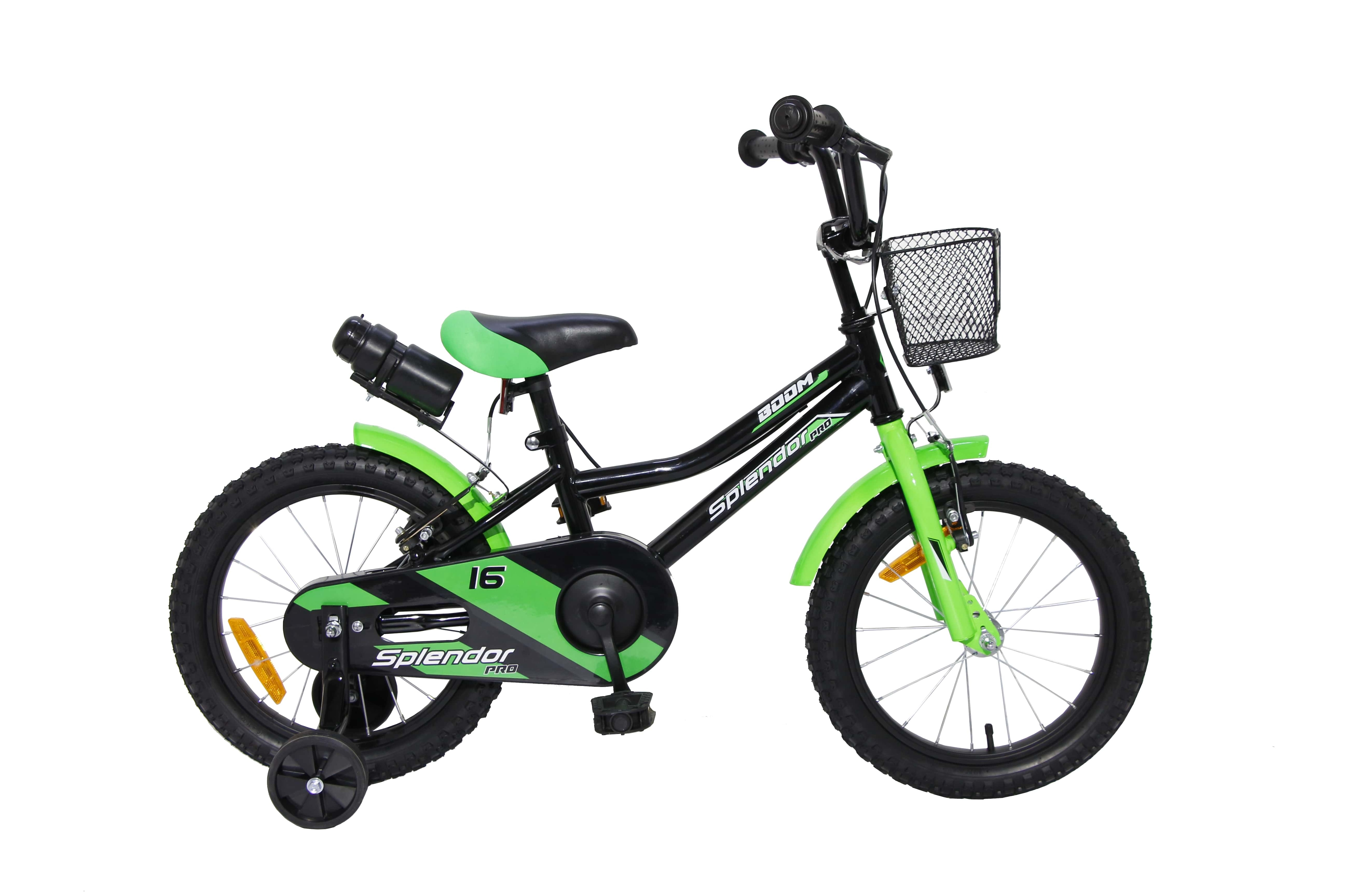 Bicicleta pentru copii NOVOKIDS Splend'Or Boom Edition, Cu cosulet, Roti 20" inch, Maxim 50 kg, Cadru din otel, Roti ajutatoare detasabile, Ghidon reglabil pe inaltime, Negru cu Verde