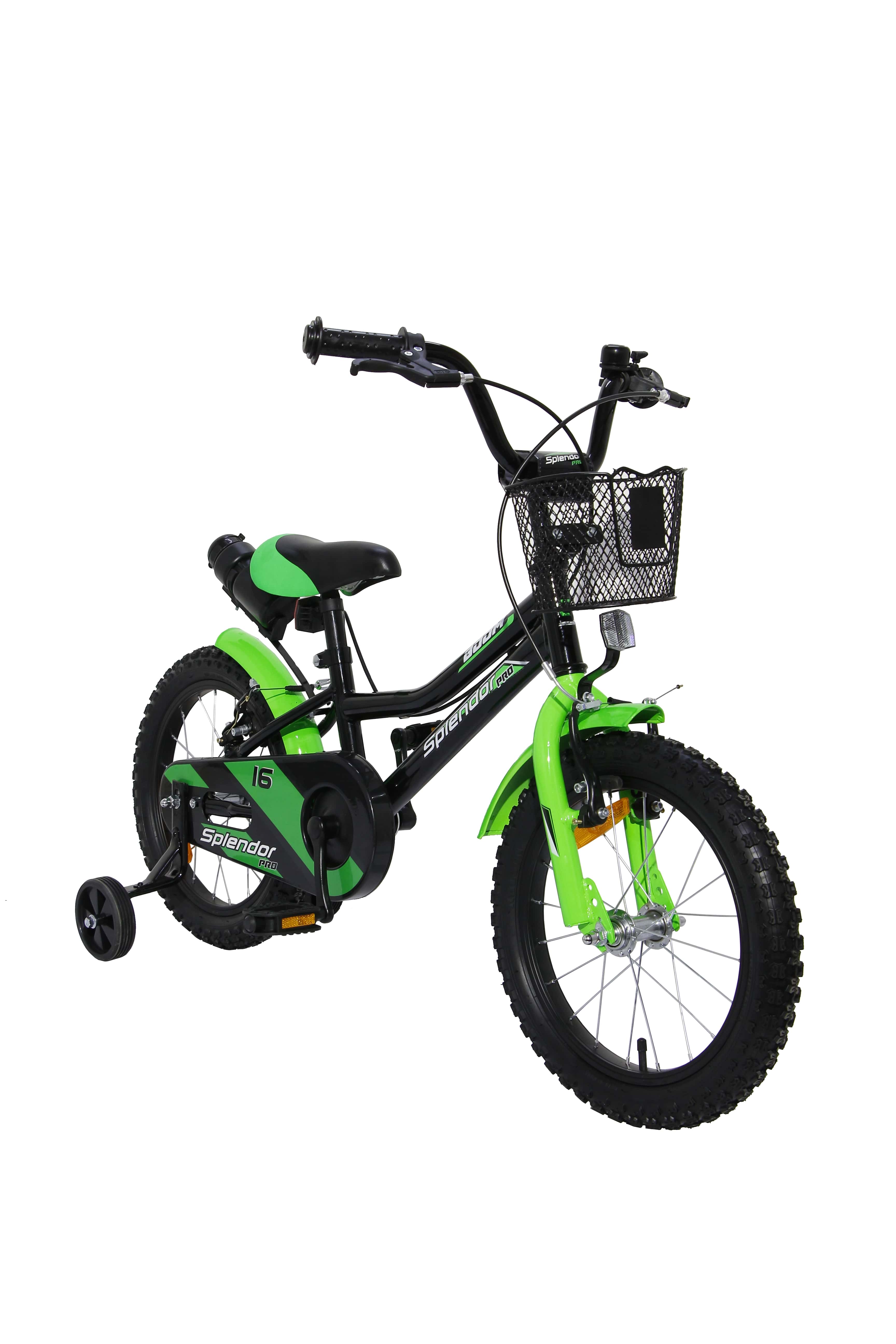 Bicicleta pentru copii NOVOKIDS Splend'Or Boom Edition, Cu cosulet, Roti 20" inch, Maxim 50 kg, Cadru din otel, Roti ajutatoare detasabile, Ghidon reglabil pe inaltime, Negru cu Verde
