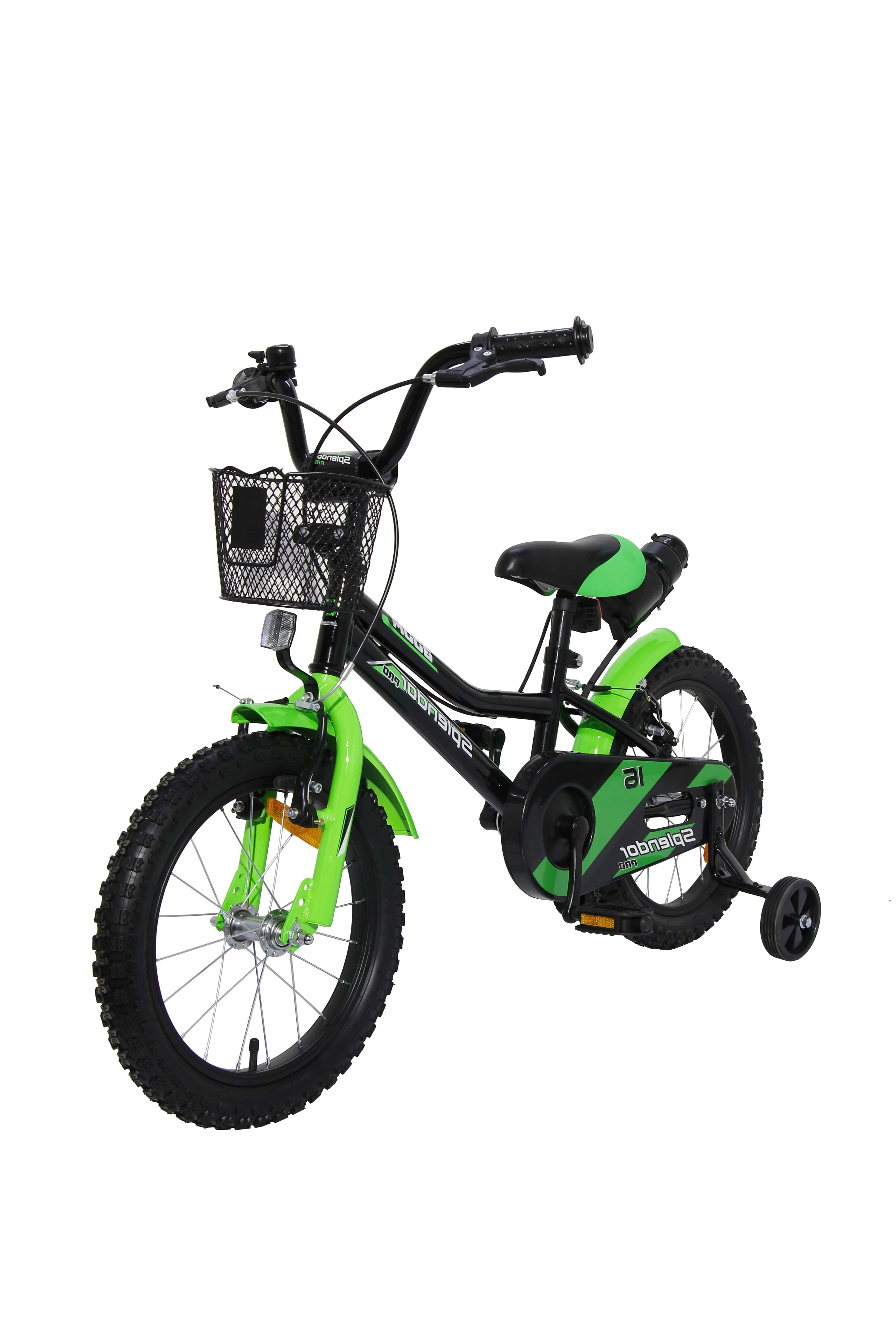 Bicicleta pentru copii NOVOKIDS Splend'Or Boom Edition, Cu cosulet, Roti 20" inch, Maxim 50 kg, Cadru din otel, Roti ajutatoare detasabile, Ghidon reglabil pe inaltime, Negru cu Verde