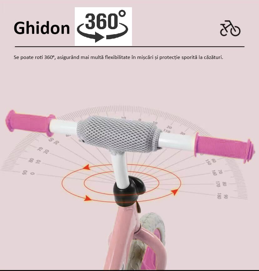 Bicicleta fara pedale pentru copii 2-5 ani Action One Happy Baby, roata 12 inch, roz
