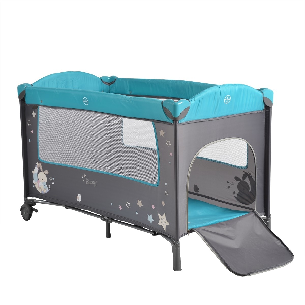 Patut pliant transformabil in tarc copii NOVOKIDS Sleepy NEST, 60x120 cm, Masa infasat, Jucarie Carusel cu jucarii din plus, Turquoise cu Gri