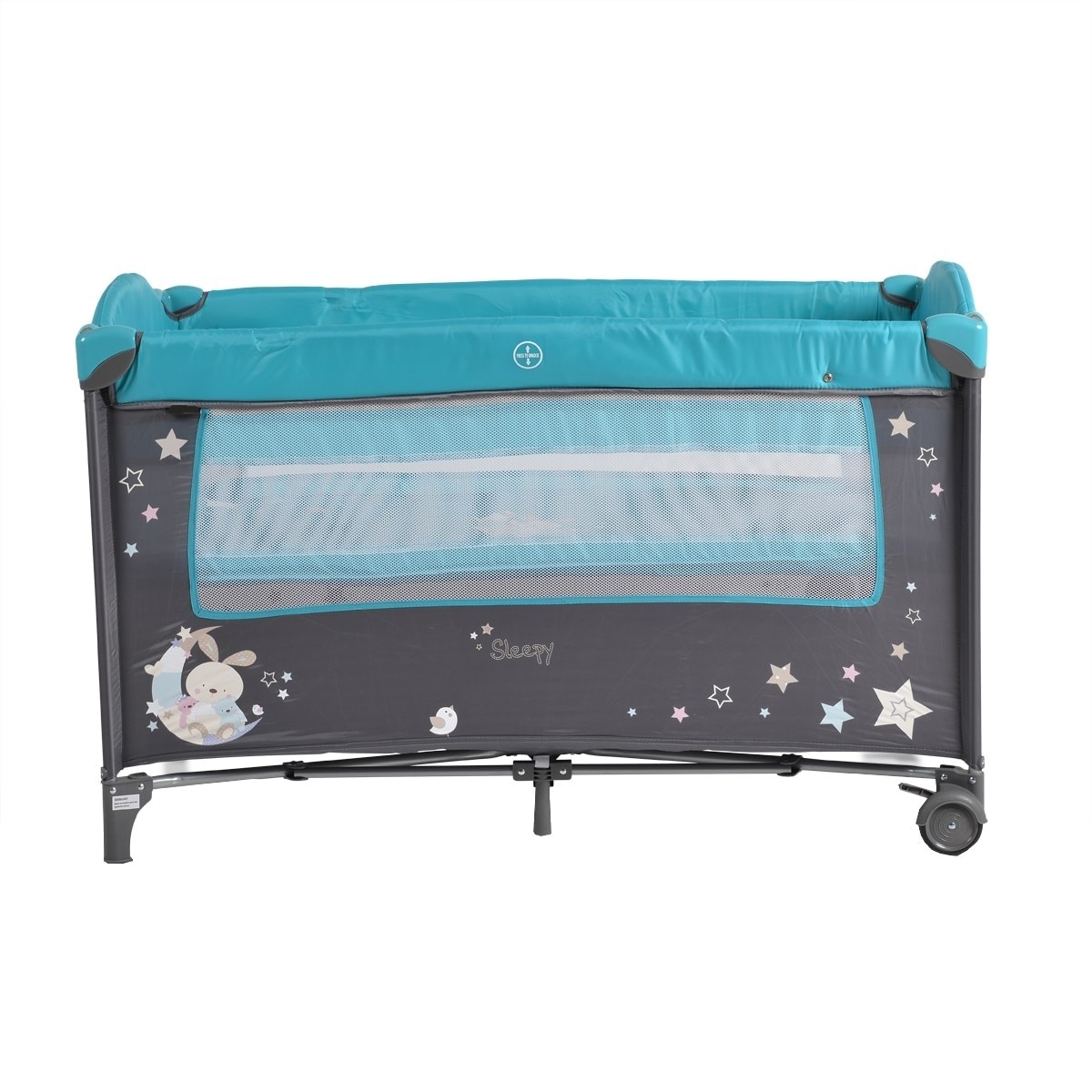 Patut pliant transformabil in tarc copii NOVOKIDS Sleepy NEST, 60x120 cm, Masa infasat, Jucarie Carusel cu jucarii din plus, Turquoise cu Gri