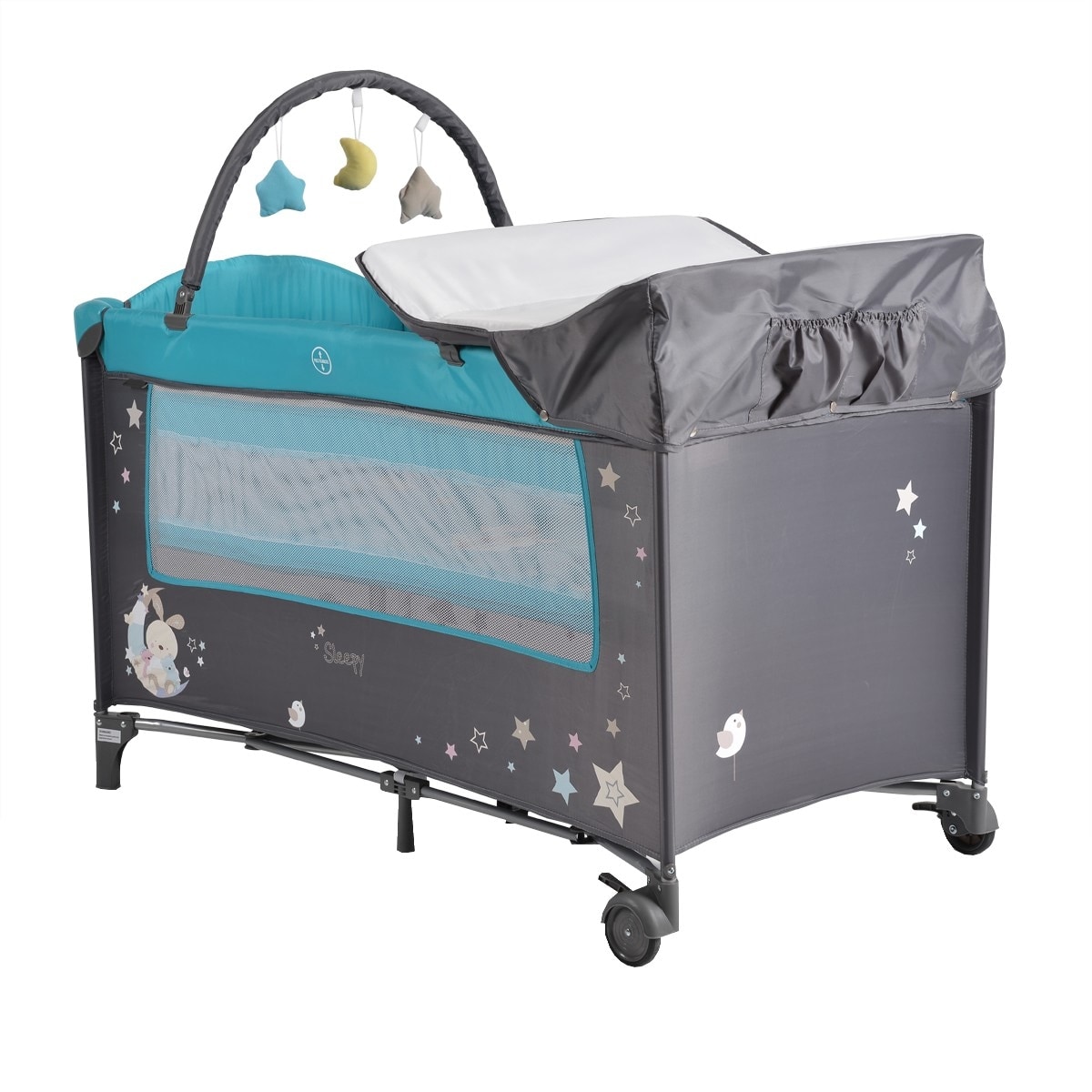 Patut pliant transformabil in tarc copii NOVOKIDS Sleepy NEST, 60x120 cm, Masa infasat, Jucarie Carusel cu jucarii din plus, Turquoise cu Gri