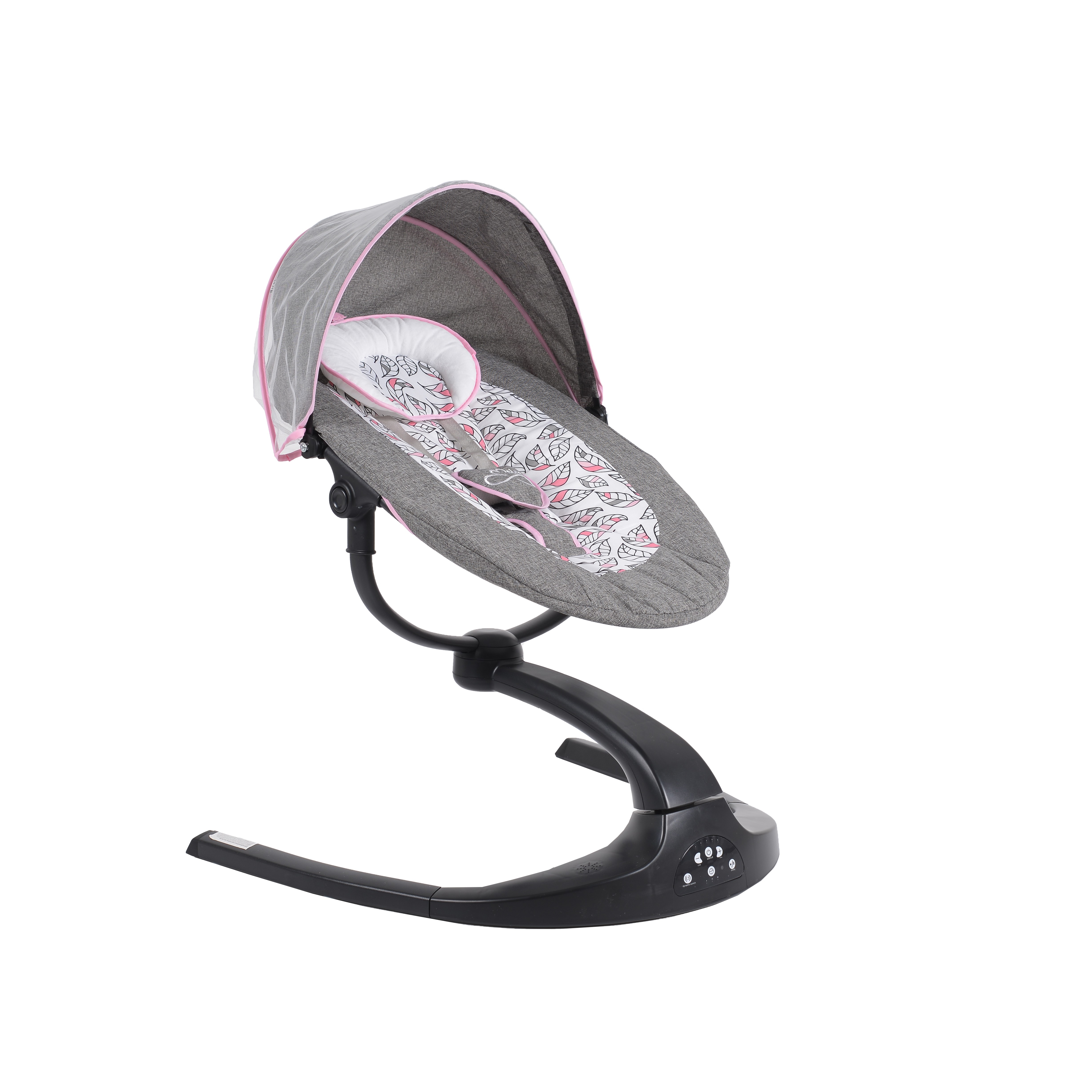 Balansoar Pentru Bebelusi cu conectare la priza si telecomanda NOVOKIDS  Meyra Swing, 5 viteze de leganare, Rotatie 360 grade , Gri cu Roz