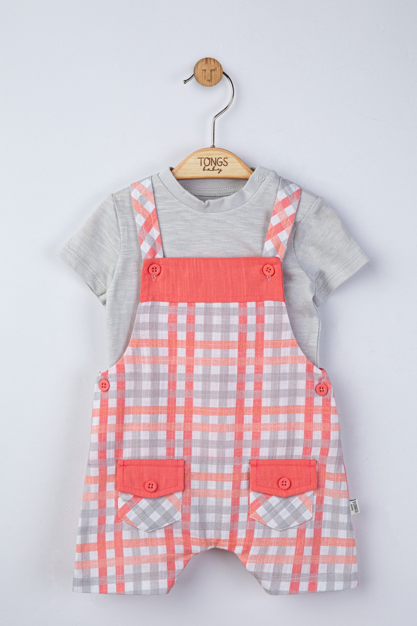 Set salopeta cu tricou in carouri pentru bebelusi, Tongs baby (Culoare: Gri, Marime: 6-9 luni)