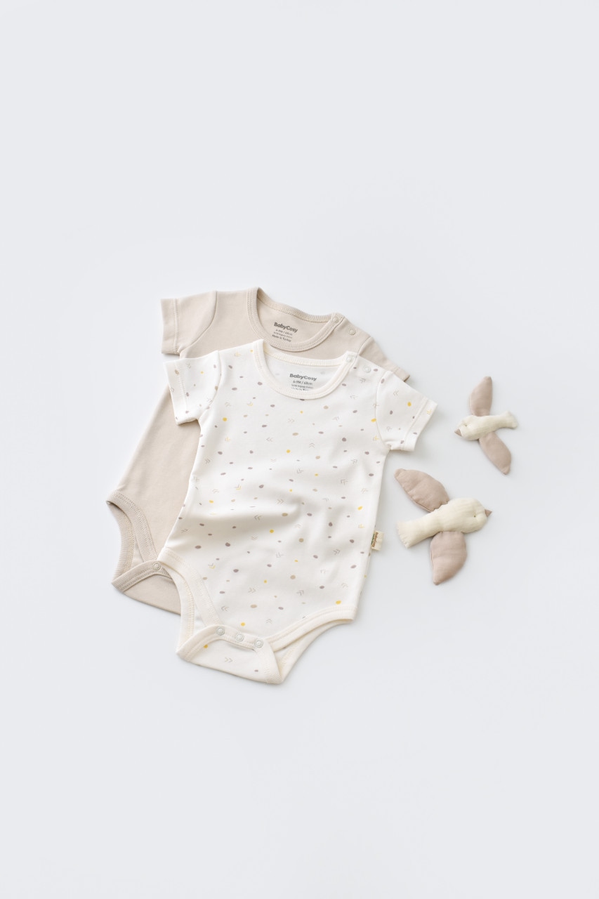 Set 2 body-uri bebe unisex, bumbac organic, crem cu buline, Baby Cosy, marime 6-9 luni