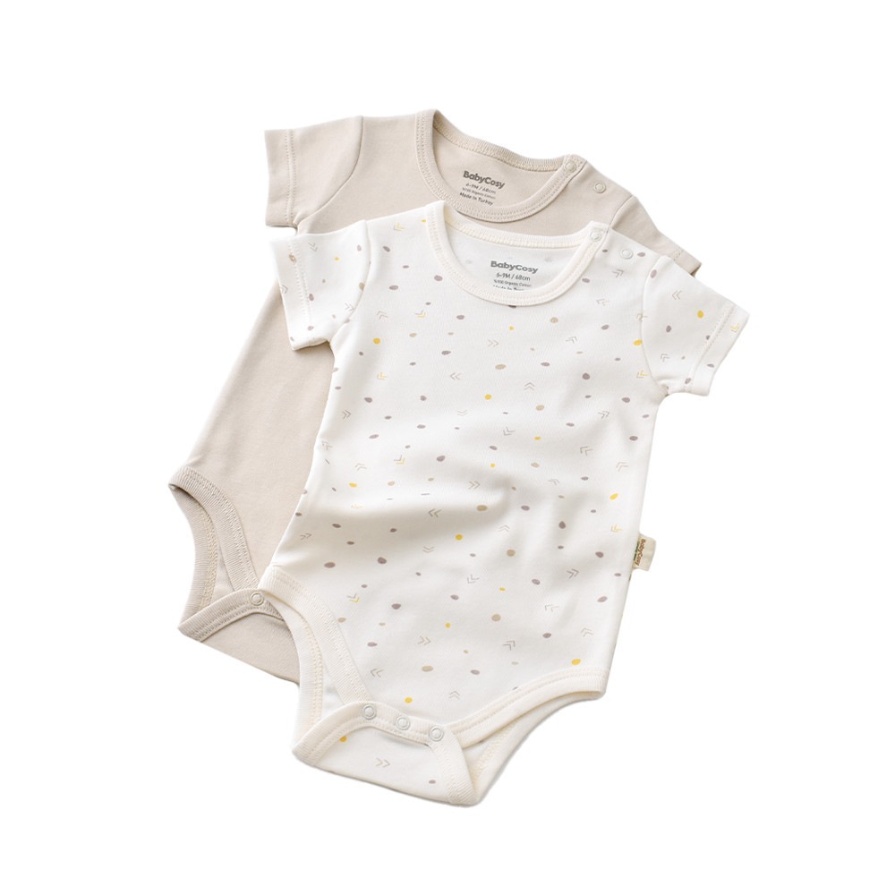 Set 2 body-uri bebe unisex, bumbac organic, crem cu buline, Baby Cosy, marime 6-9 luni