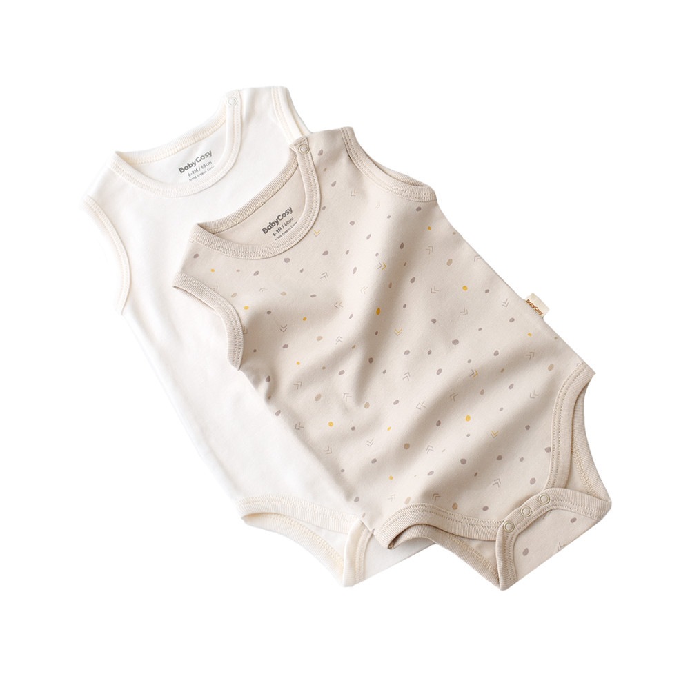 Set 2 body-uri fara maneci bebe unisex, bumbac organic, crem cu buline, Baby Cosy, marime 6-9 luni