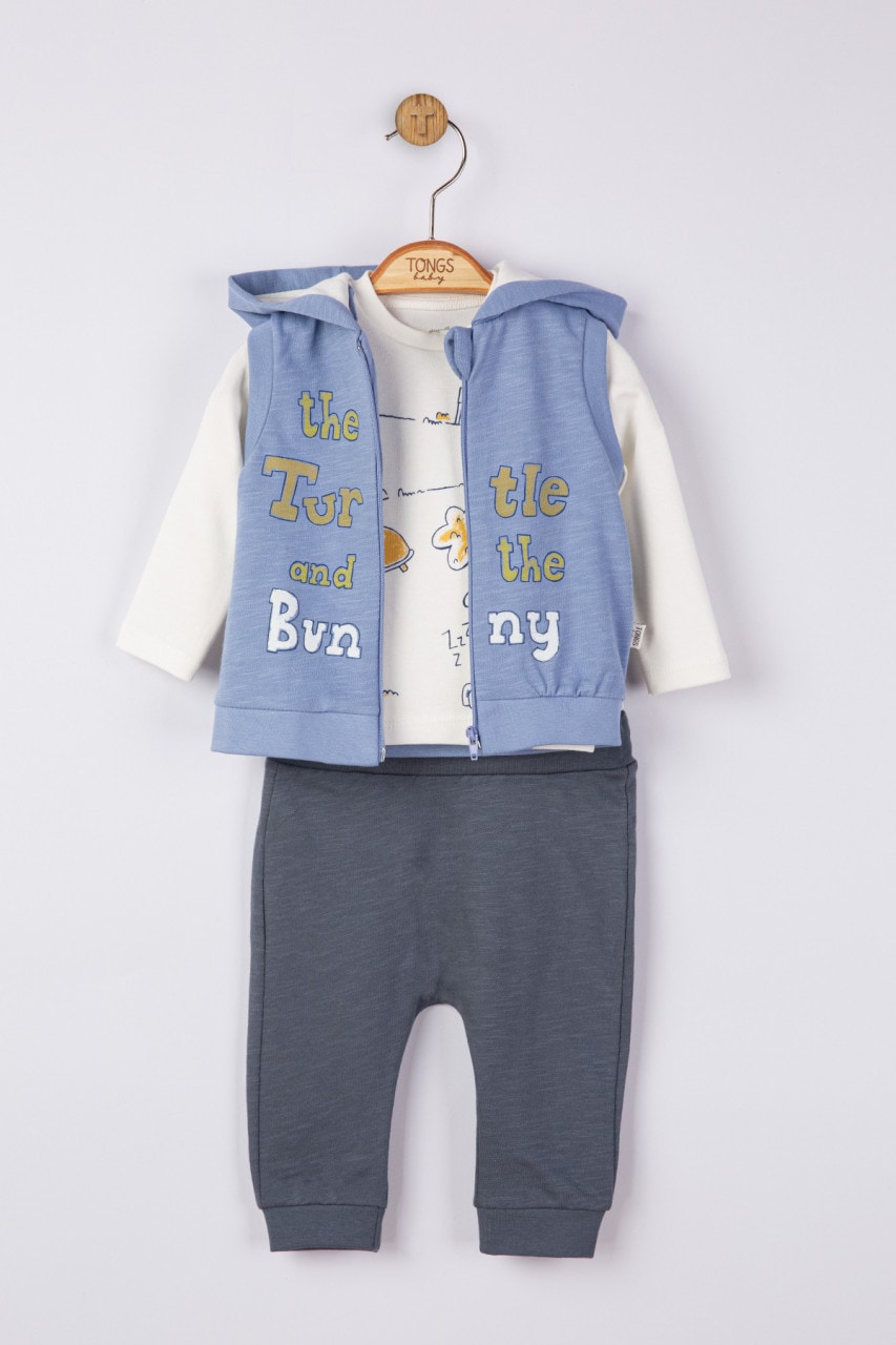 Set 3 piese: pantaloni, bluzita si vestuta pentru bebelusi Tongs Baby, albastru, 6-9 luni