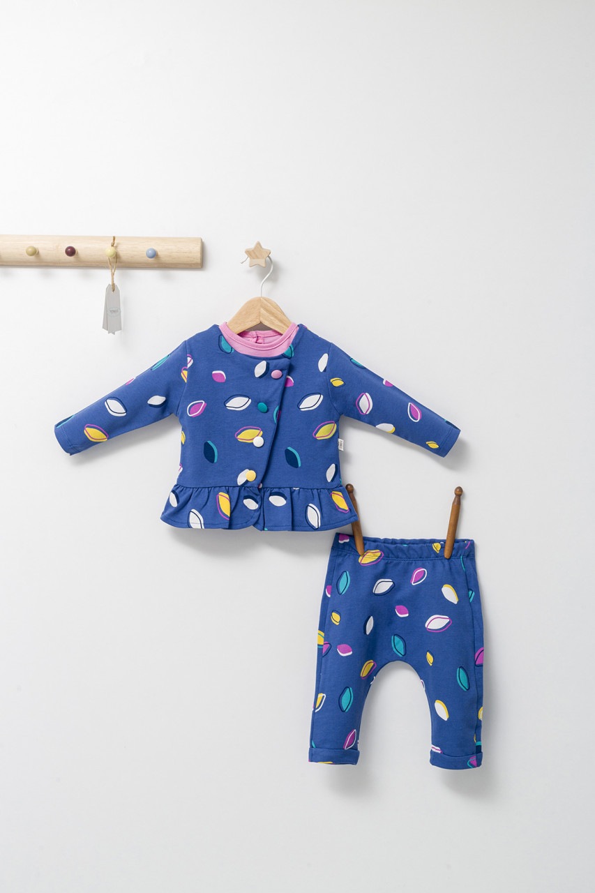 Set 2 piese cu bluzita cu volan si pantalonasi pentru fetite Colorful autum Tongs Baby, albastru, 9-12 luni