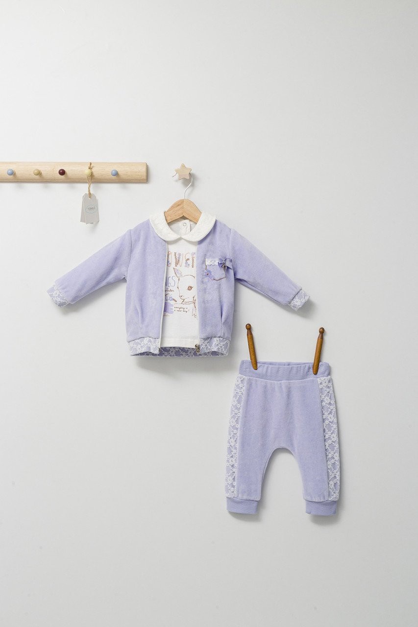 Set 3 piese: pantaloni, bluzita si hainuta pentru bebelusi Gazelle Tongs Baby, mov, 24-36 luni