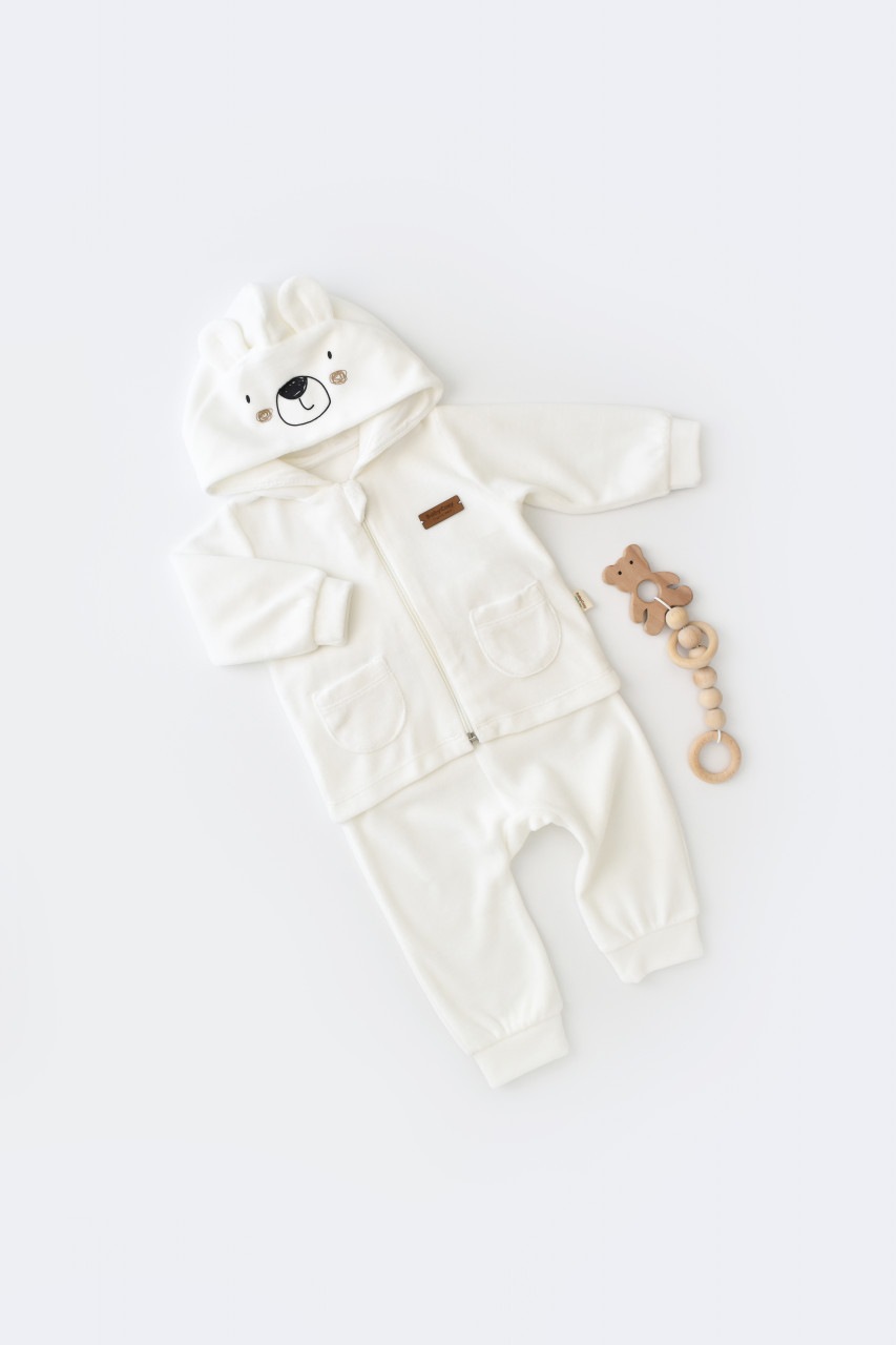 Set Ursulet cu bluzita cu fermoar si gluga si panataloni lungi Baby Cosy, 80 % bumbac organic si 20 % poliester, ecru, 6-9 luni