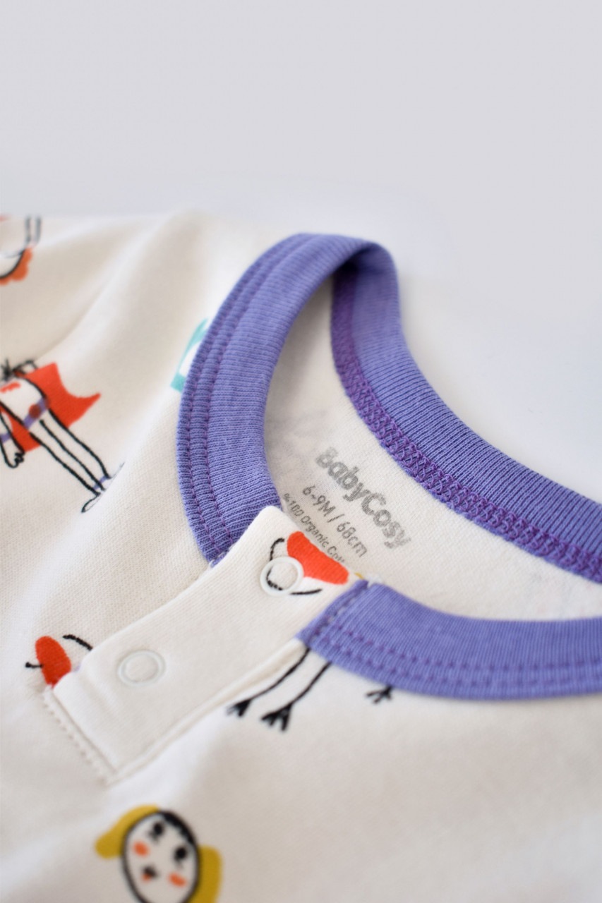 Set 2 salopetele cu maneca lunga si panataloni lungi BabyCosy, 100% bumbac organic, galben si mov, 18-24 Luni