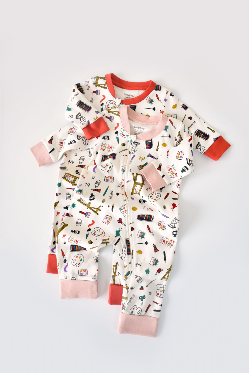 Set 2 salopetele cu maneca lunga si panataloni lungi cu fermoar BabyCosy, 100% bumbac organic, portocaliu si roz pudra, 6-9 luni