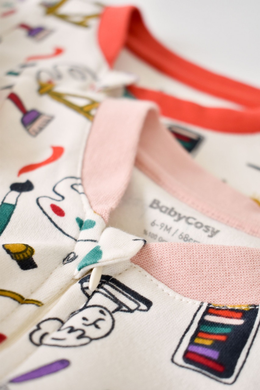 Set 2 salopetele cu maneca lunga si panataloni lungi cu fermoar BabyCosy, 100% bumbac organic, portocaliu si roz pudra, 6-9 luni