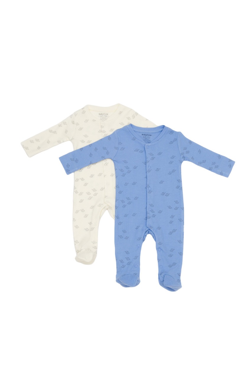 Set 2 salopete lungi Printed BabyCosy, 50% modal+50% bumbac, crem/bleu, 6-9 luni