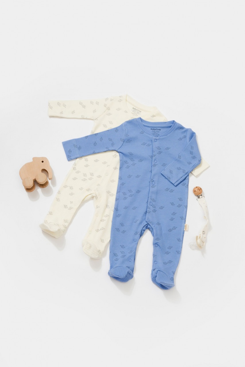 Set 2 salopete lungi Printed BabyCosy, 50% modal+50% bumbac, crem/bleu, 6-9 luni