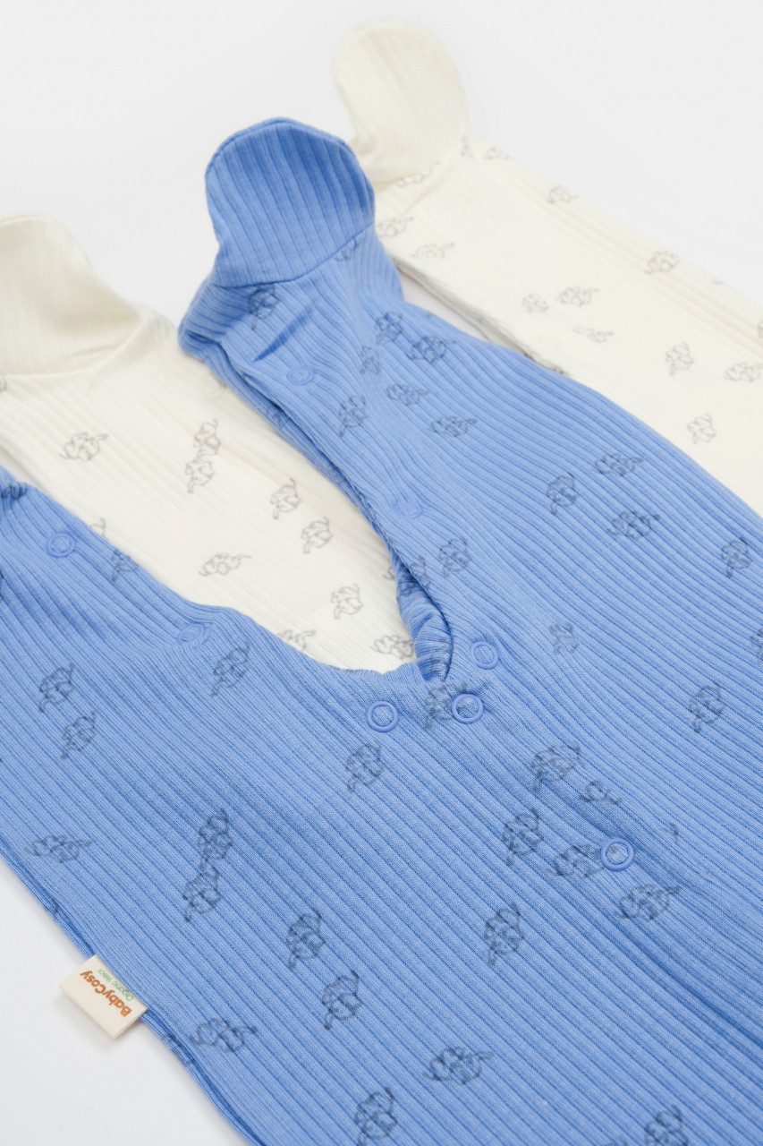 Set 2 salopete lungi Printed BabyCosy, 50% modal+50% bumbac, crem/bleu, 6-9 luni
