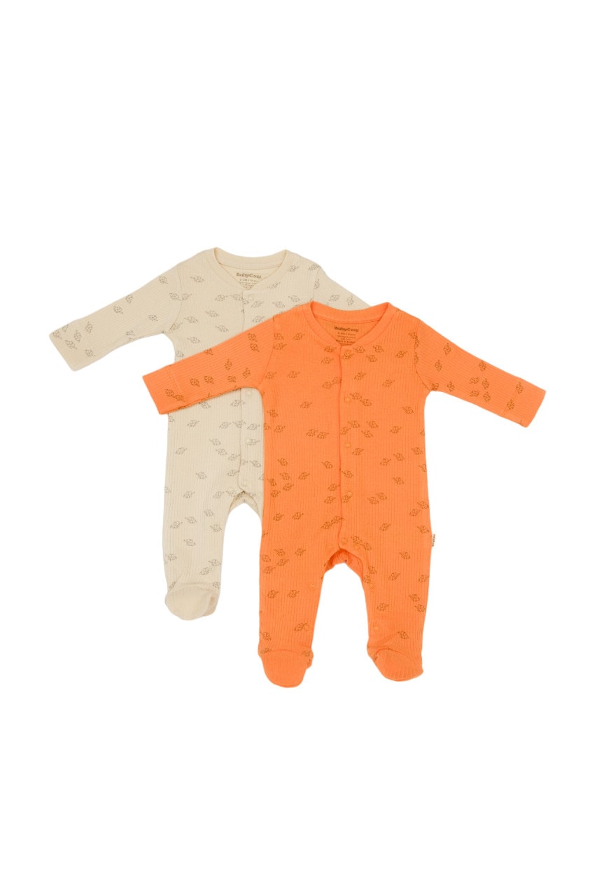 Set 2 salopete lungi Printed BabyCosy, 50% modal+50% bumbac, bej/portocaliu, 0-3 Luni
