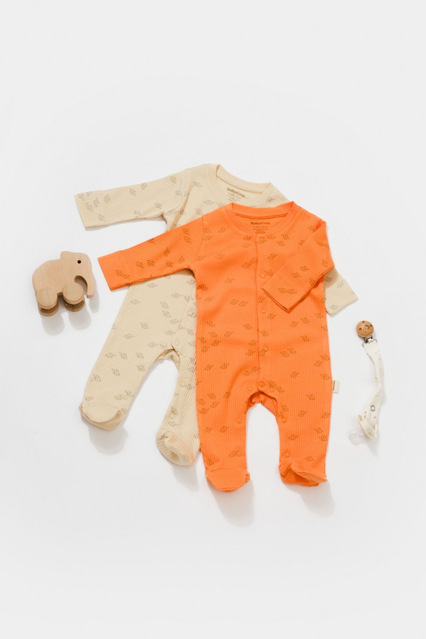 Set 2 salopete lungi Printed BabyCosy, 50% modal+50% bumbac, bej/portocaliu, 0-3 Luni