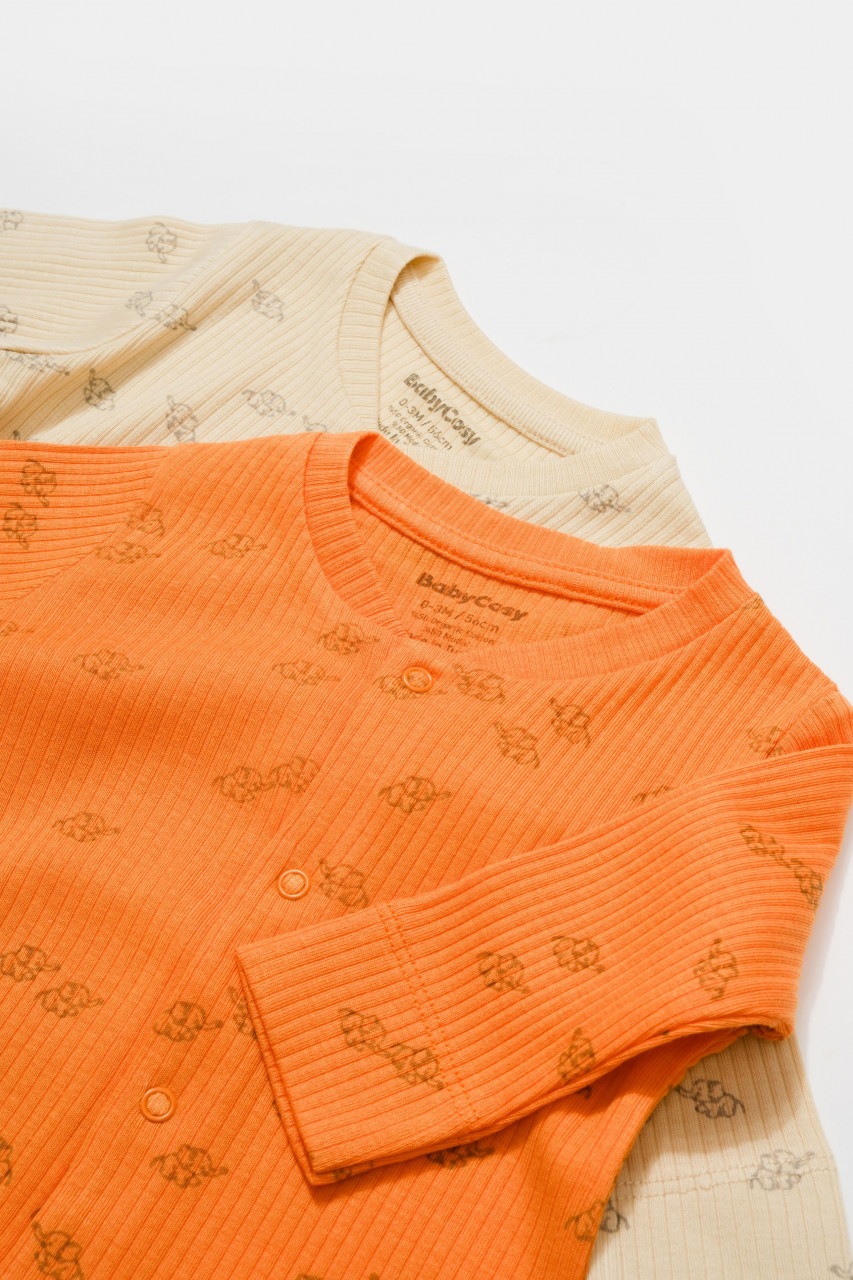 Set 2 salopete lungi Printed BabyCosy, 50% modal+50% bumbac, bej/portocaliu, 0-3 Luni