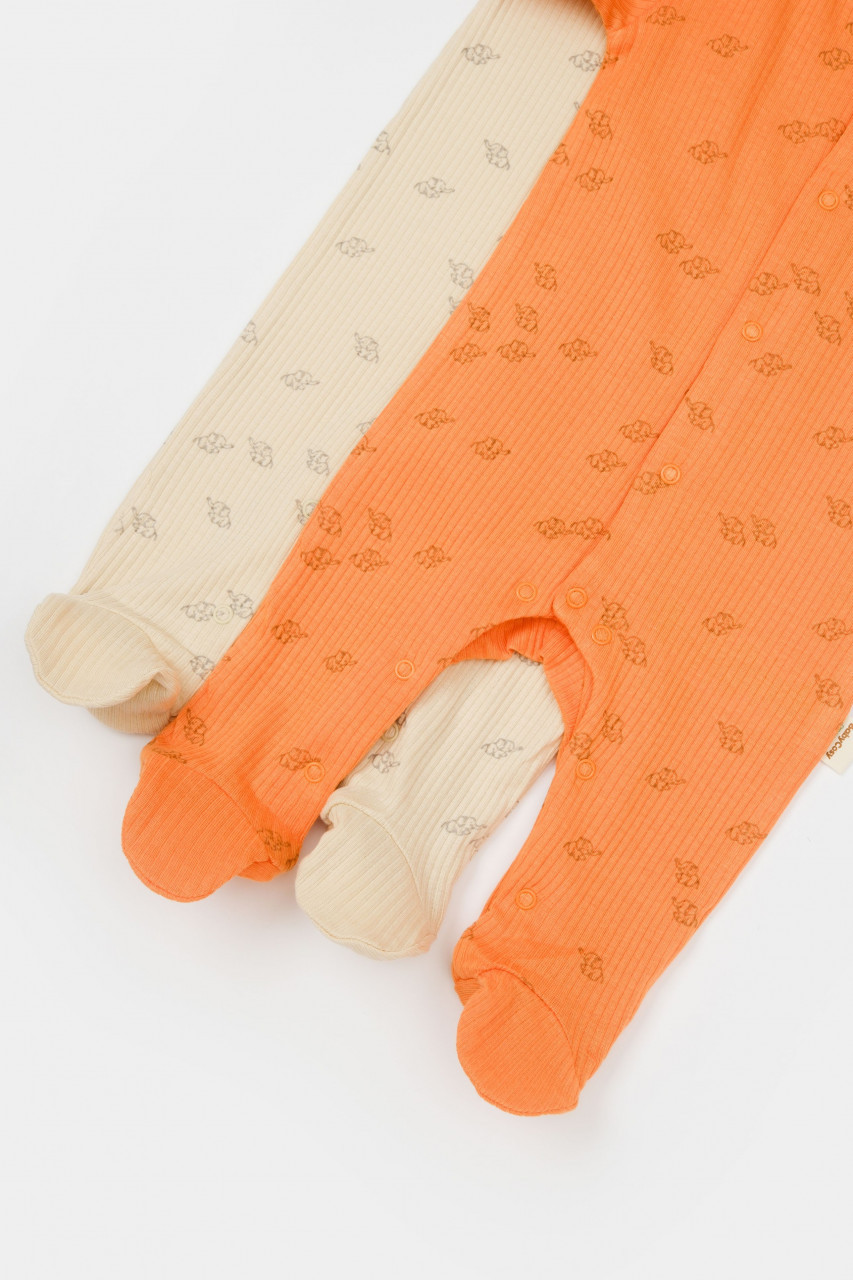 Set 2 salopete lungi Printed BabyCosy, 50% modal+50% bumbac, bej/portocaliu, 0-3 Luni