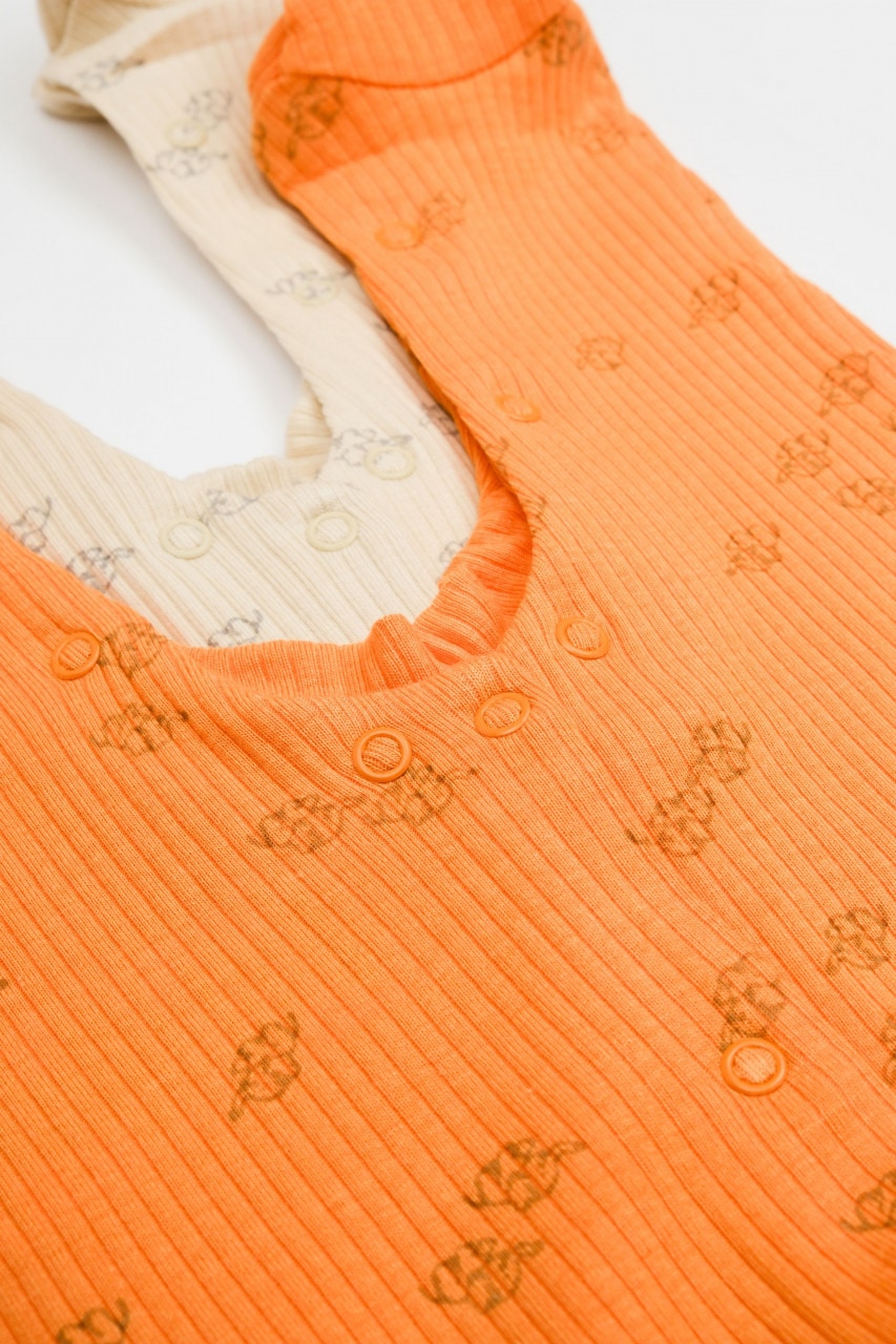 Set 2 salopete lungi Printed BabyCosy, 50% modal+50% bumbac, bej/portocaliu, 0-3 Luni