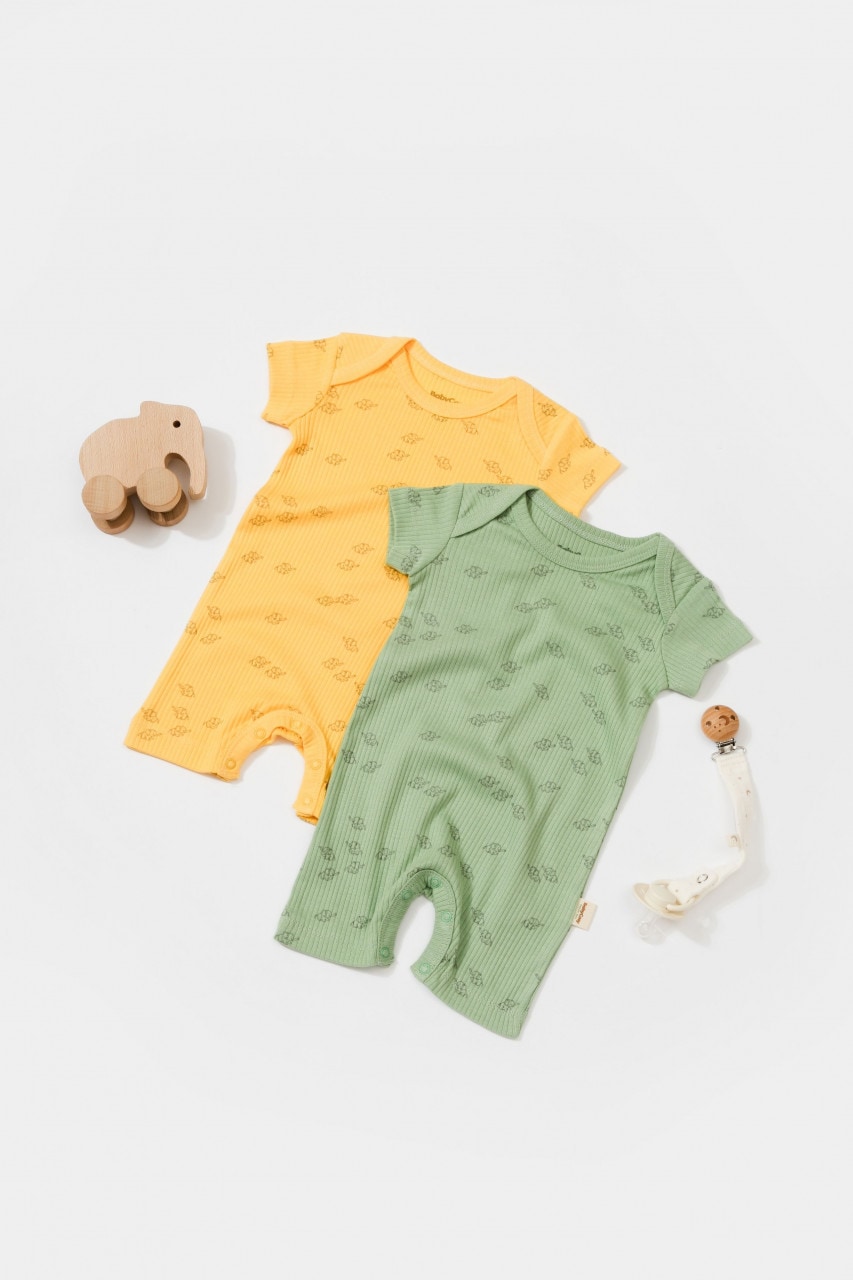 Set 2 salopete scurte Printed BabyCosy, 50% modal+50% bumbac, galben/verde, 12-18 Luni
