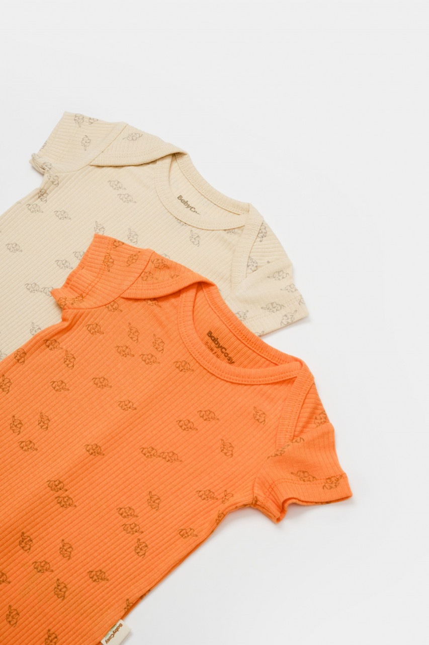 Set 2 salopete scurte Printed BabyCosy, 50% modal+50% bumbac, bej/portocaliu, 6-9 luni
