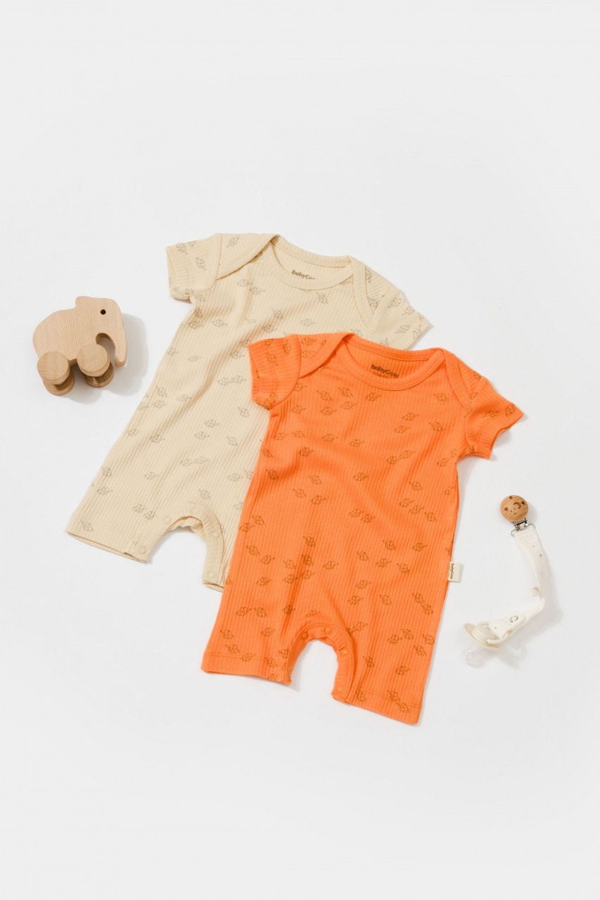 Set 2 salopete scurte Printed BabyCosy, 50% modal+50% bumbac, bej/portocaliu, 6-9 luni