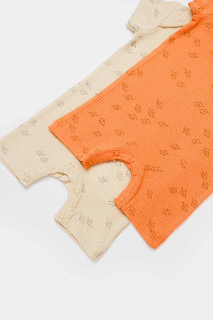Set 2 salopete scurte Printed BabyCosy, 50% modal+50% bumbac, bej/portocaliu, 6-9 luni