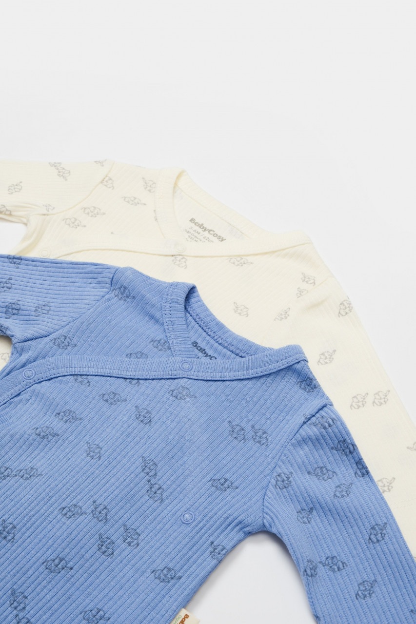 Set 2 body-uri petrecute Printed BabyCosy, 50% modal+50% bumbac, crem/bleu, 6-9 luni