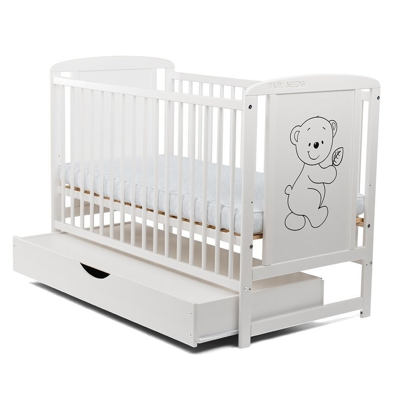 Patut lemn Babyneeds, Timmi, 120x60 cm, sertar capac, Inaltime saltea reglabila pe 3 nivele, Alb + Saltea 8 cm