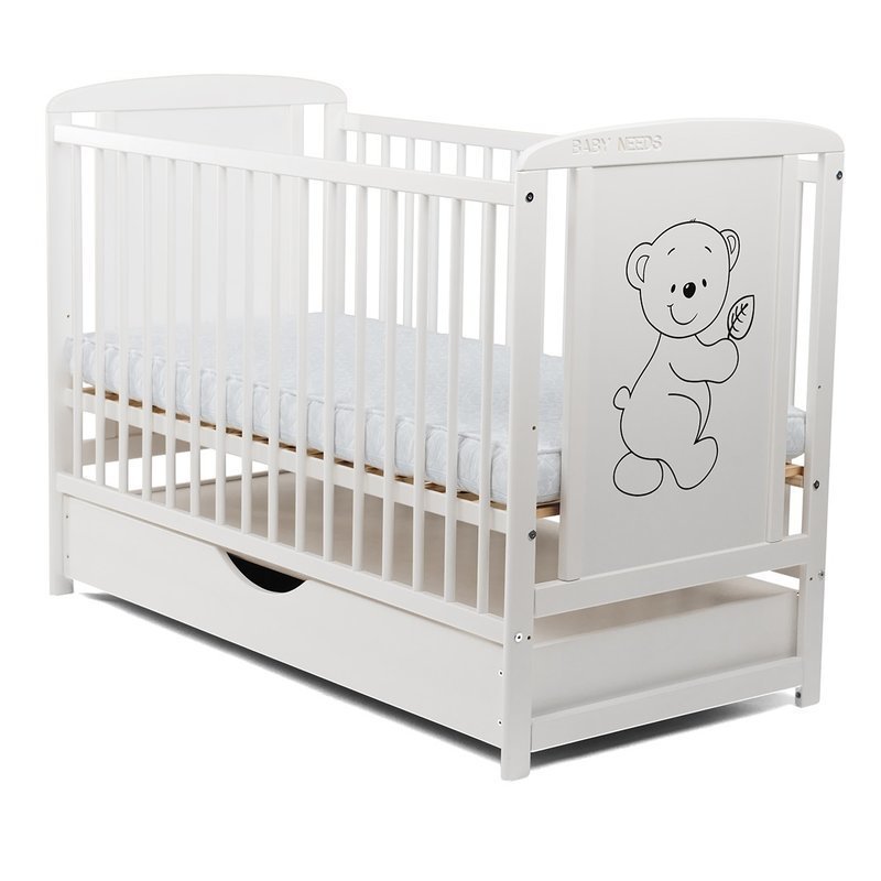 Patut lemn Babyneeds, Timmi, 120x60 cm, sertar capac, Inaltime saltea reglabila pe 3 nivele, Alb + Saltea 8 cm